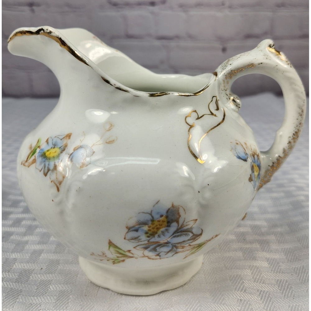 Vintage‎ Artist Signed Warwick China Pitcher Blue & White Floral W/ Gold Trim